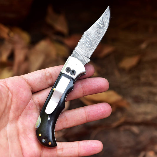 Handmade Damascus Steel Pocket Folding Blade Knife - Clip Holder Handle