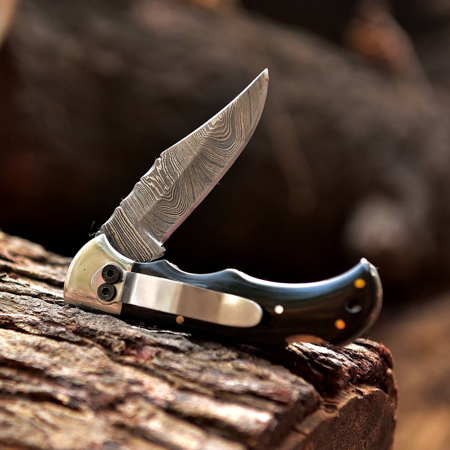 Handmade Damascus Steel Pocket Folding Blade Knife - Clip Holder Handle