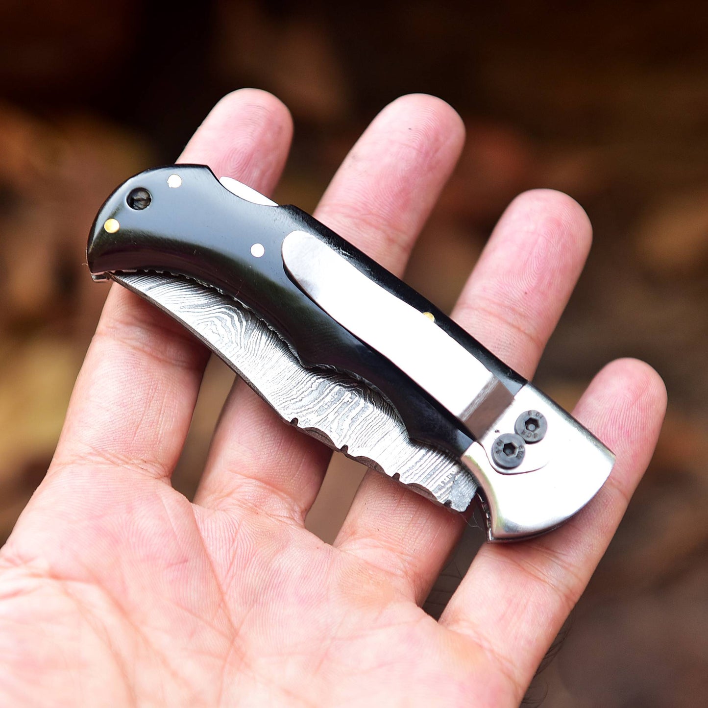Handmade Damascus Steel Pocket Folding Blade Knife - Clip Holder Handle