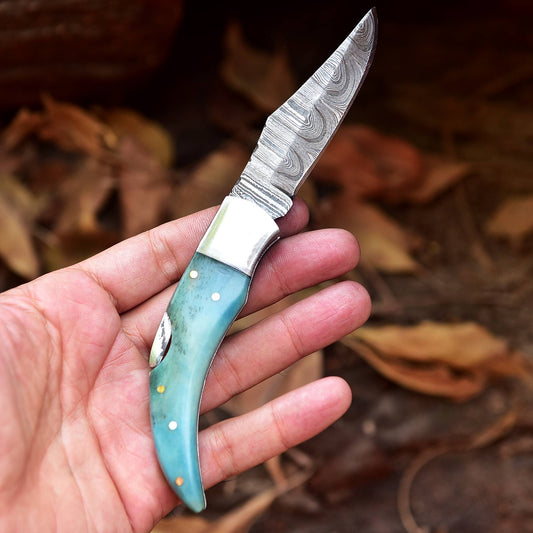 7" Handmade Damascus Steel Pocket Knife - Folding Blade Knife - SkyBlue Bone Handle