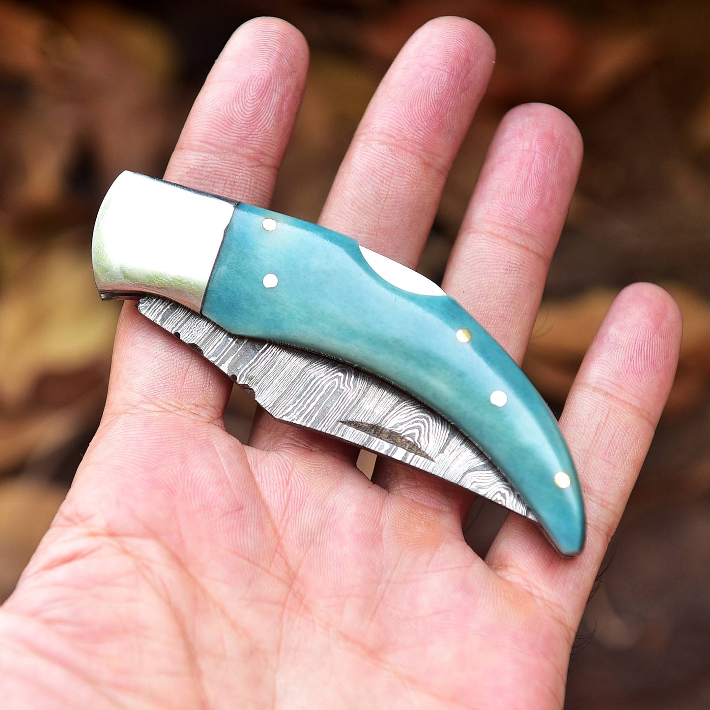 7" Handmade Damascus Steel Pocket Knife - Folding Blade Knife - SkyBlue Bone Handle