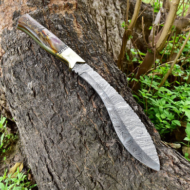 16" Custom Handmade Forged Damascus Steel Traditional Kukri Knife With Original Ram Horn Handle
