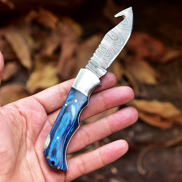 Handmade Damascus Pocket Folding Guthook Blade Knife - Blue PakkaWood Handle