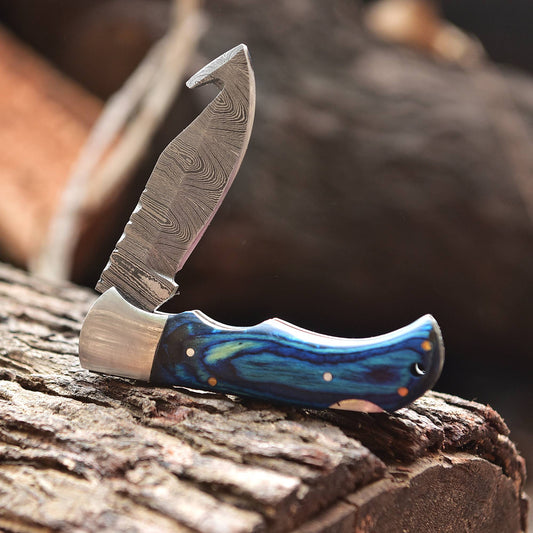 Handmade Damascus Pocket Folding Guthook Blade Knife - Blue PakkaWood Handle