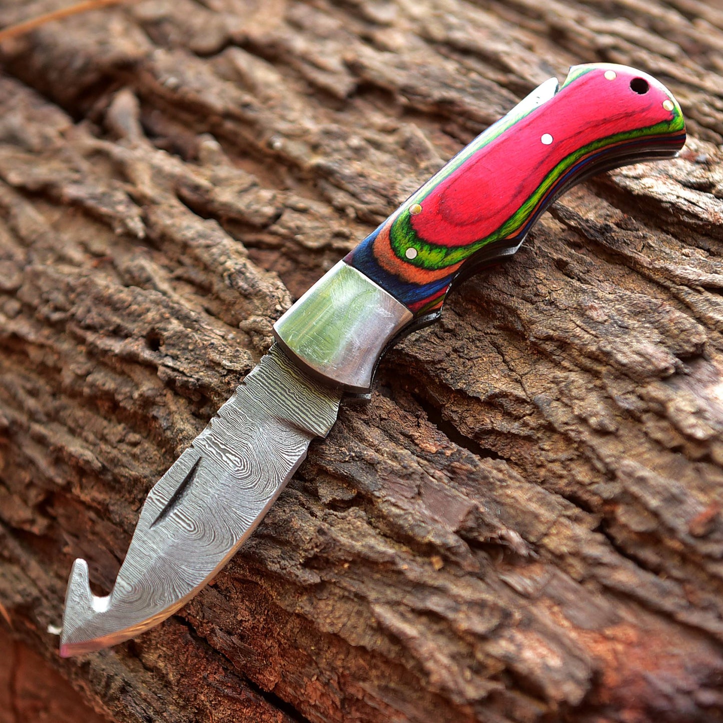 Handmade Damascus Pocket Folding Guthook Blade Knife - Multi PakkaWood Handle