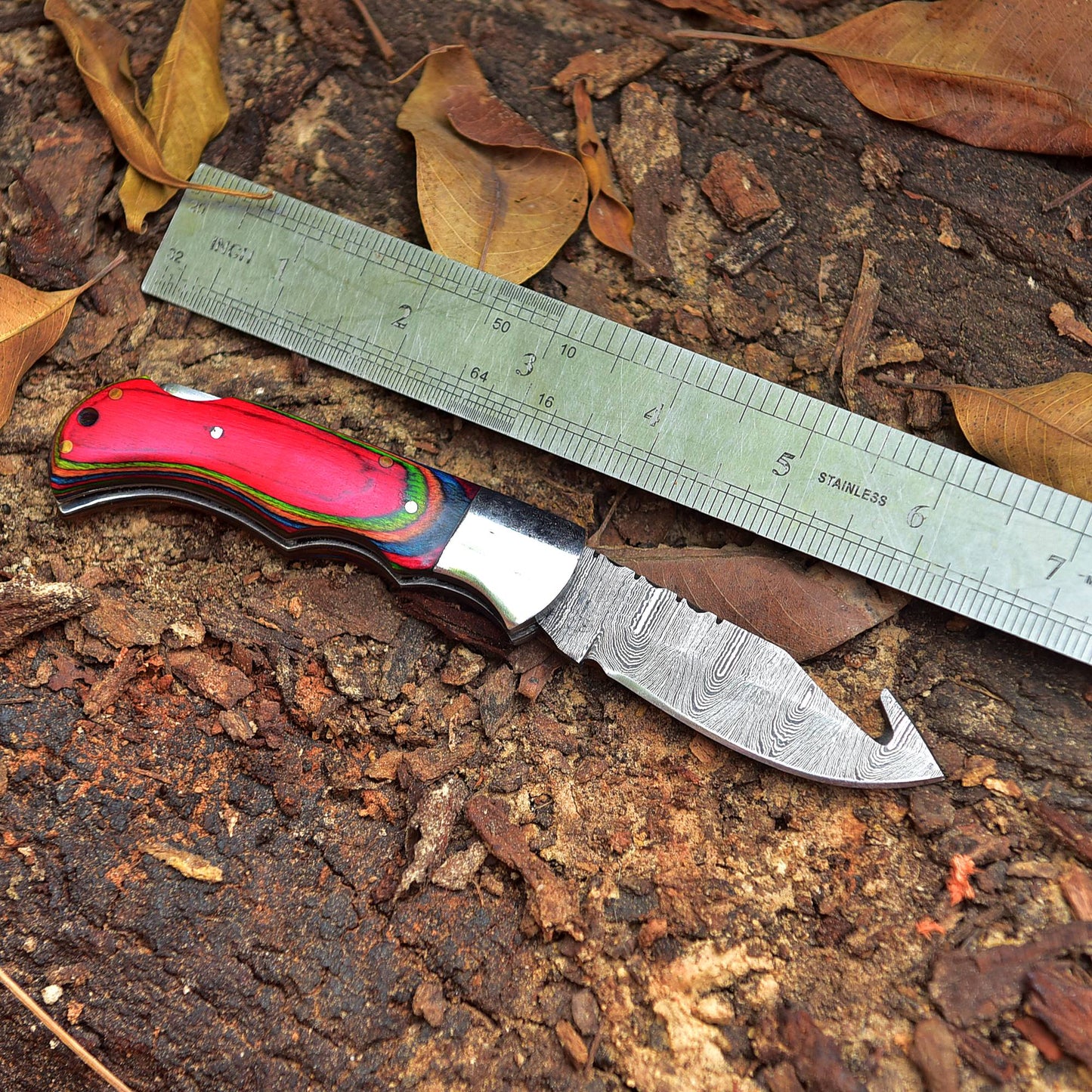 Handmade Damascus Pocket Folding Guthook Blade Knife - Multi PakkaWood Handle