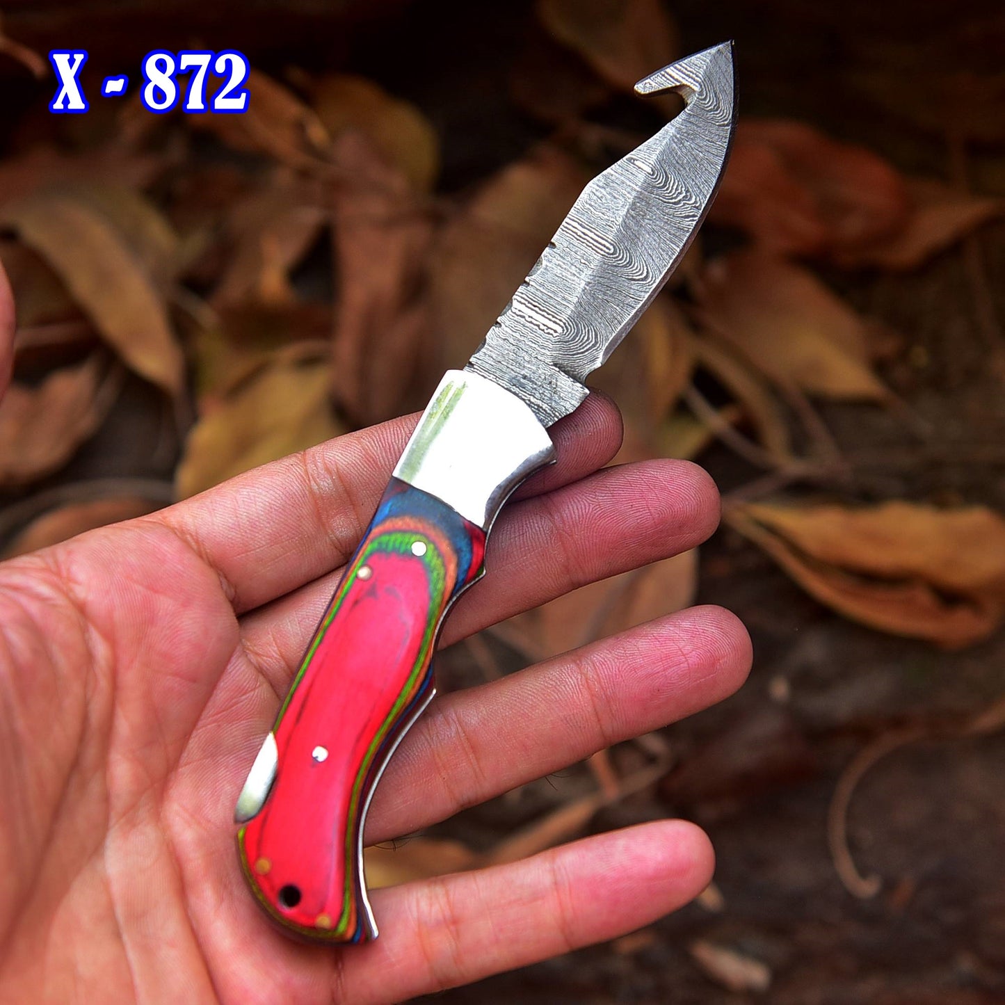 Handmade Damascus Pocket Folding Guthook Blade Knife - Multi PakkaWood Handle