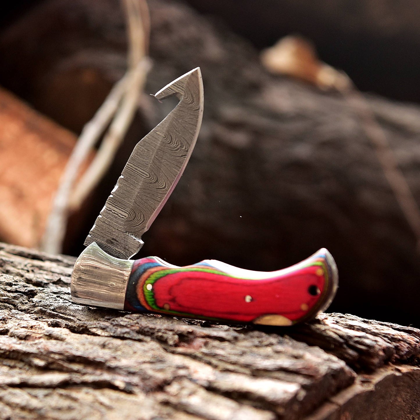Handmade Damascus Pocket Folding Guthook Blade Knife - Multi PakkaWood Handle