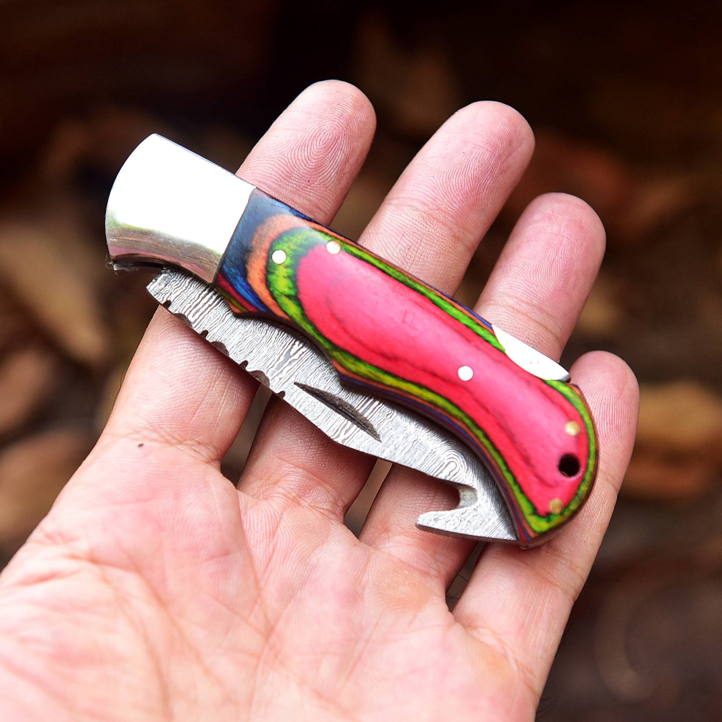 Handmade Damascus Pocket Folding Guthook Blade Knife - Multi PakkaWood Handle