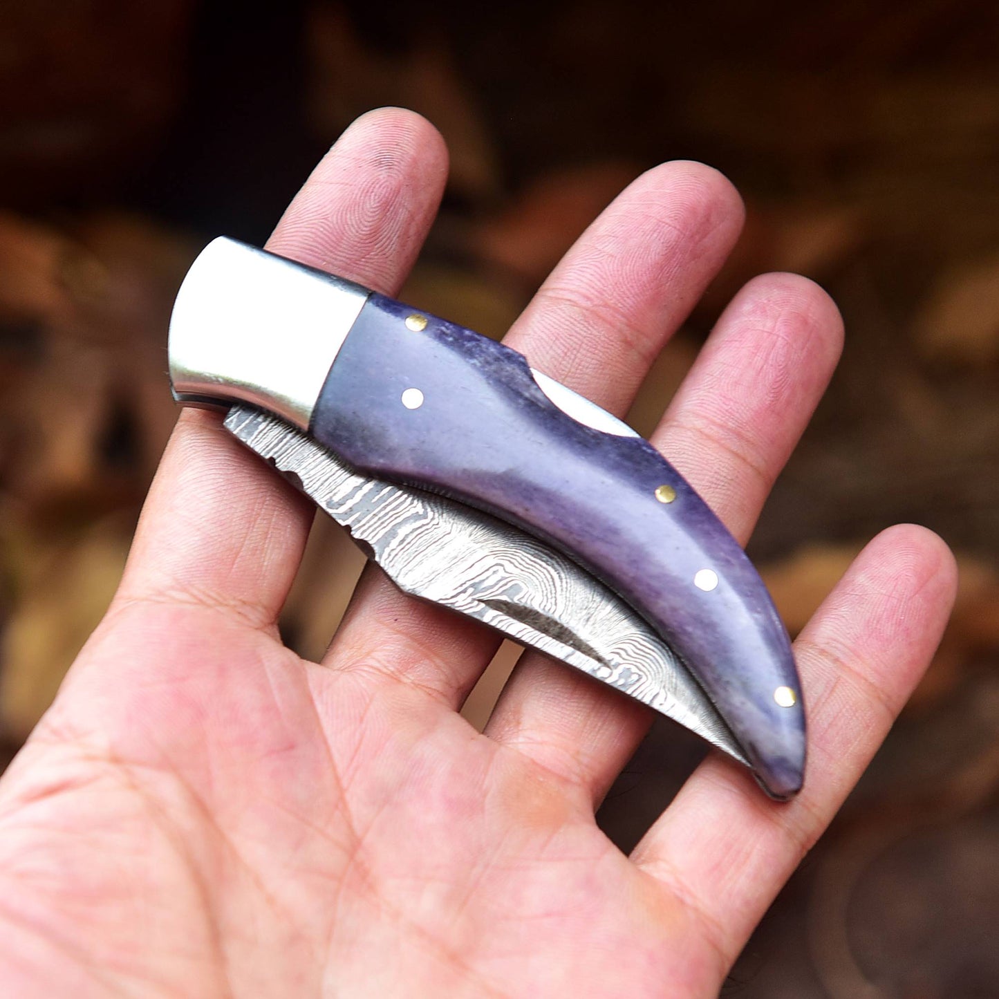 7" Handmade Damascus Steel Pocket Knife - Folding Blade Knife - Bone Handle
