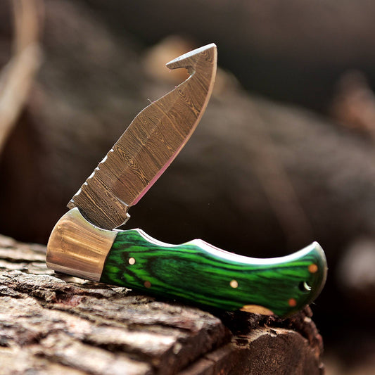 Handmade Damascus Pocket Folding Guthook Blade Knife - Green PakkaWood Handle