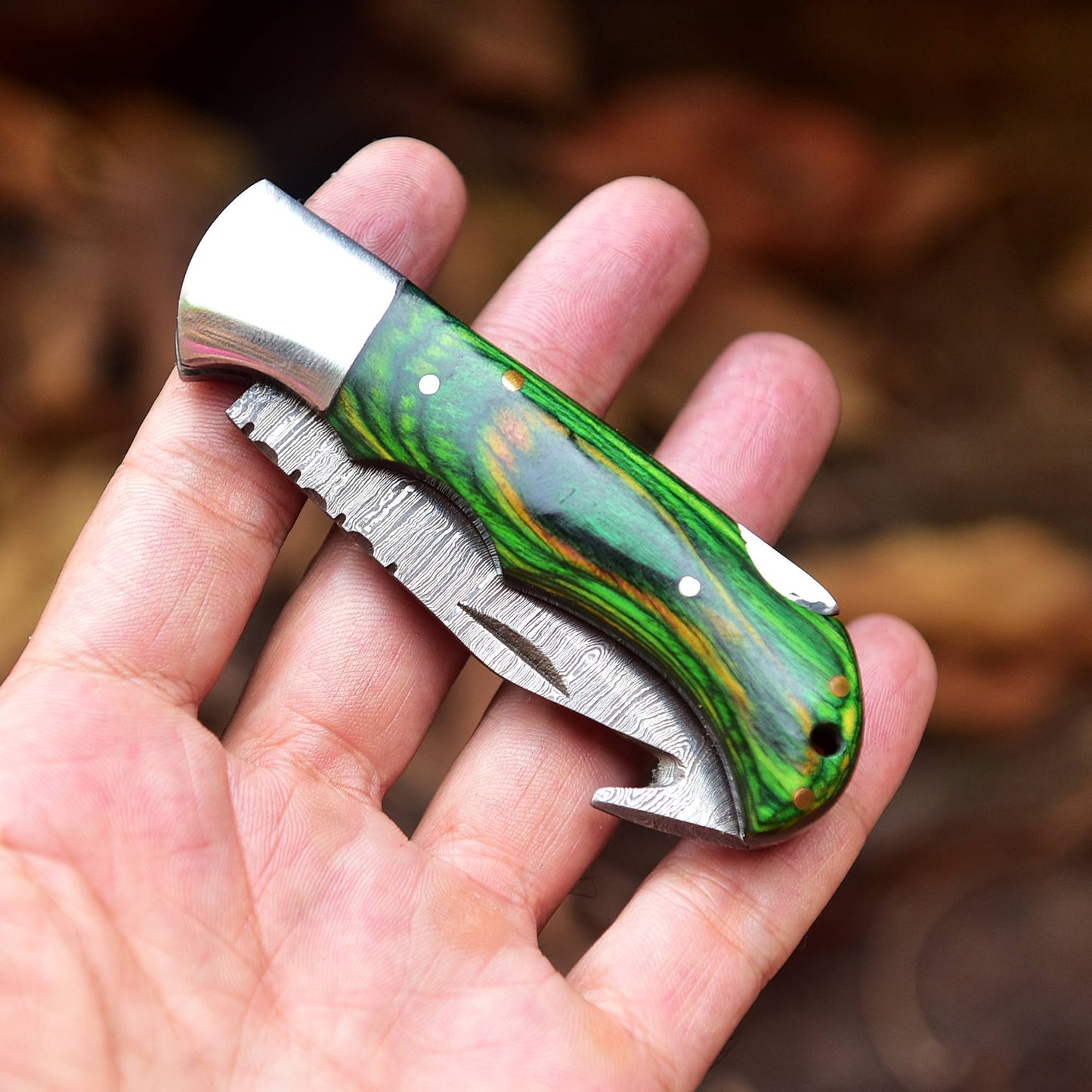 Handmade Damascus Pocket Folding Guthook Blade Knife - Green PakkaWood Handle