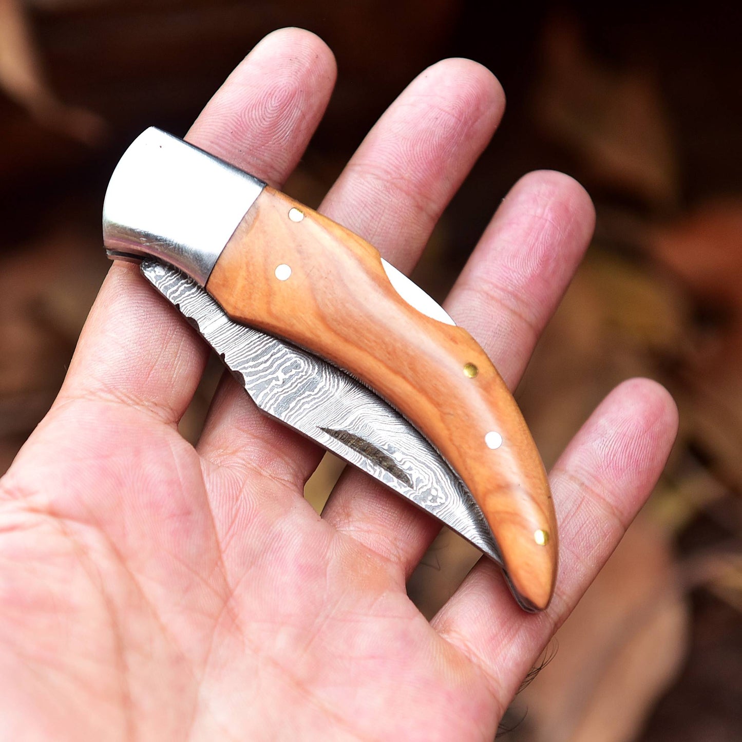 Handmade Damascus Pocket Knife Back Lock Folding Knife Wood Handle