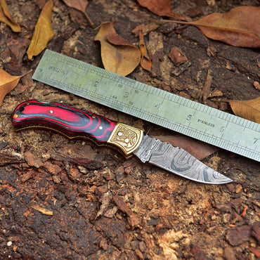 Custom Hand Forged Damascus Steel Folding Knife Wood Handle With Sheath
