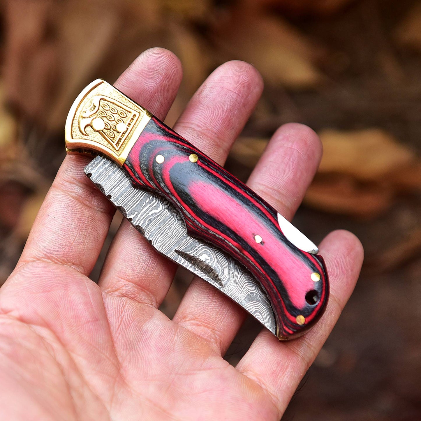 Custom Hand Forged Damascus Steel Folding Knife Wood Handle With Sheath