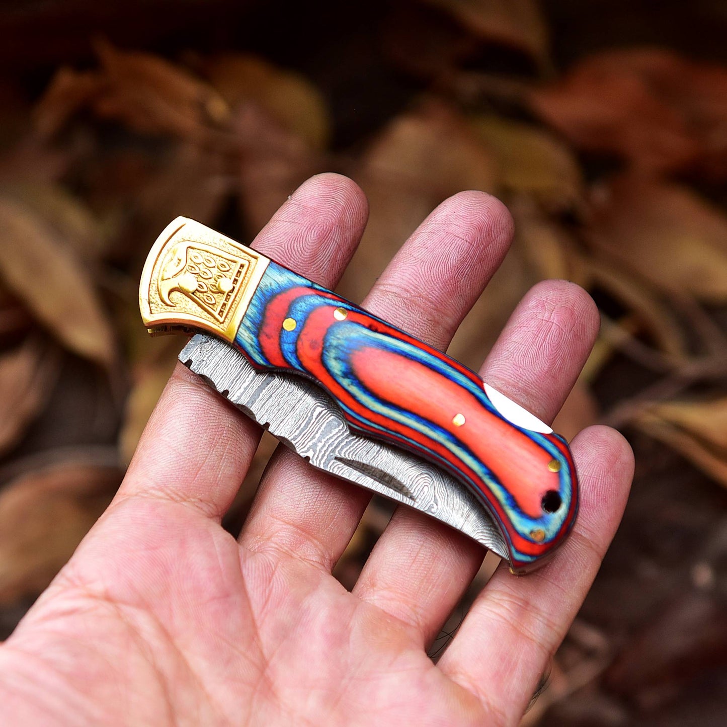Handmade Damascus Folding Pocket Back Lock Camping Knife Wood Handle