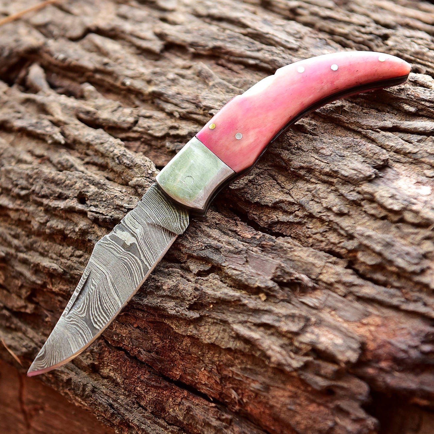 7" Handmade Damascus Steel Pocket Knife - Folding Blade Knife - Bone Handle - Pink