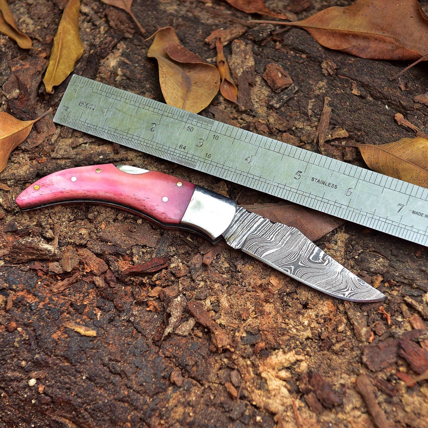 7" Handmade Damascus Steel Pocket Knife - Folding Blade Knife - Bone Handle - Pink
