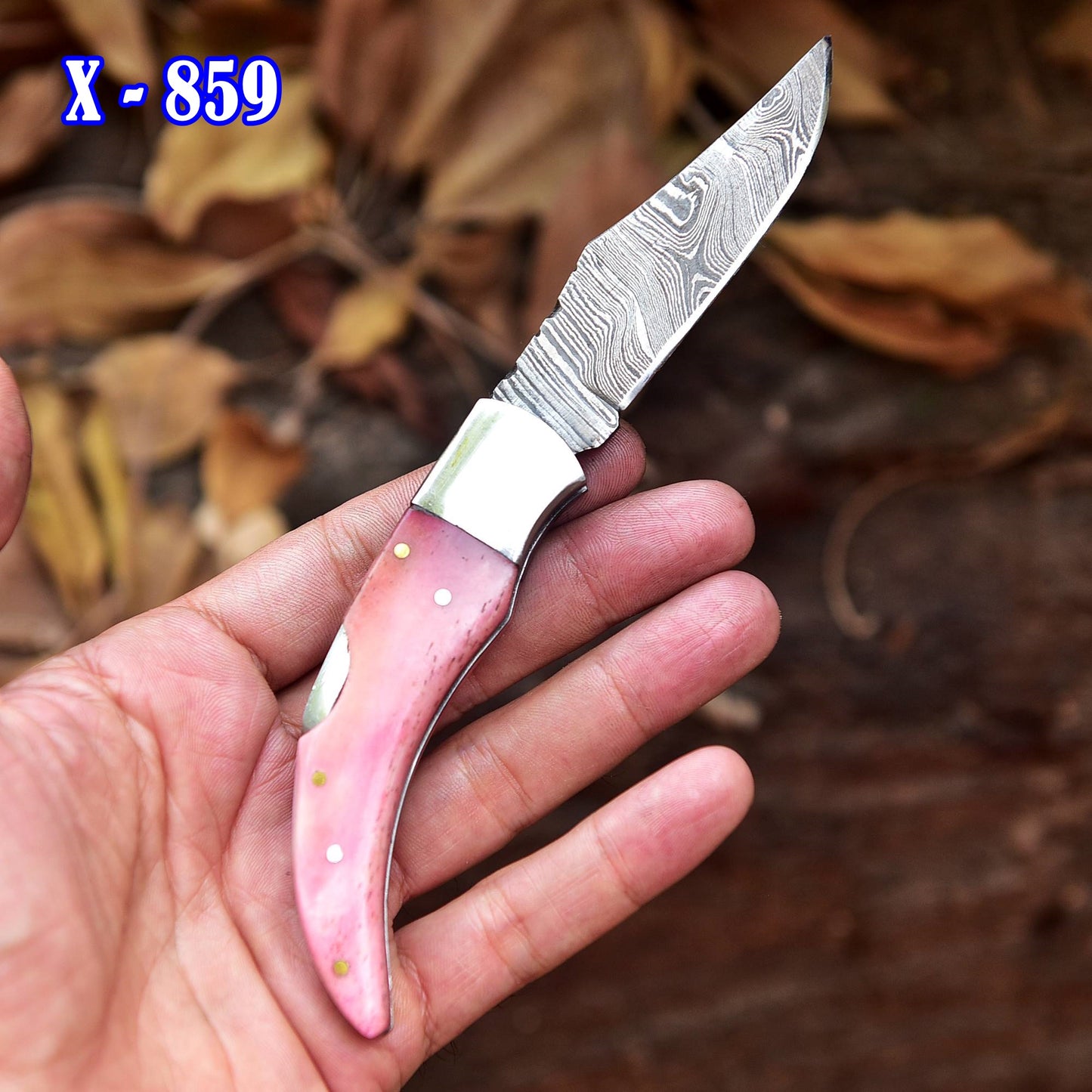 7" Handmade Damascus Steel Pocket Knife - Folding Blade Knife - Bone Handle - Pink