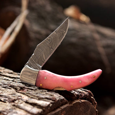 7" Handmade Damascus Steel Pocket Knife - Folding Blade Knife - Bone Handle - Pink