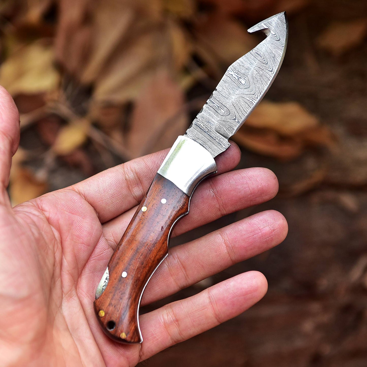 Handmade Damascus Pocket Folding Guthook Blade Knife - Rose-Wood Handle