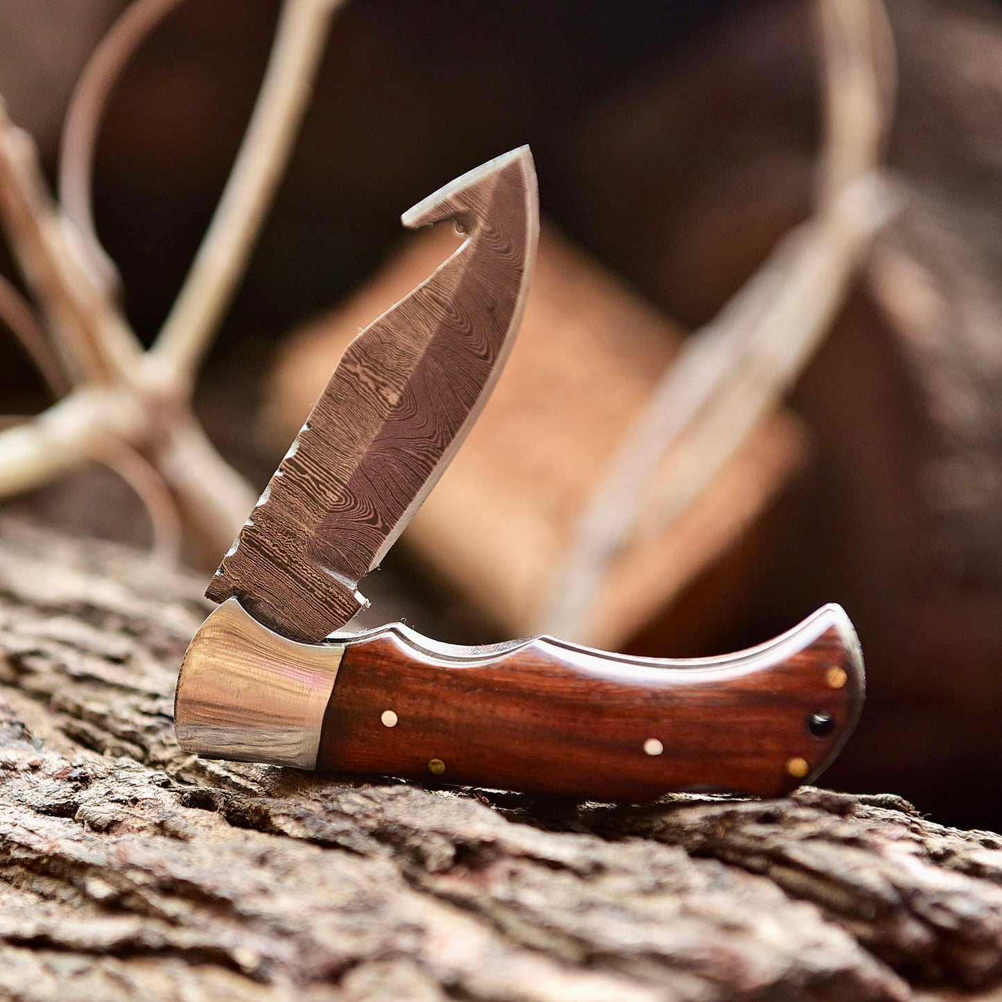 Handmade Damascus Pocket Folding Guthook Blade Knife - Rose-Wood Handle