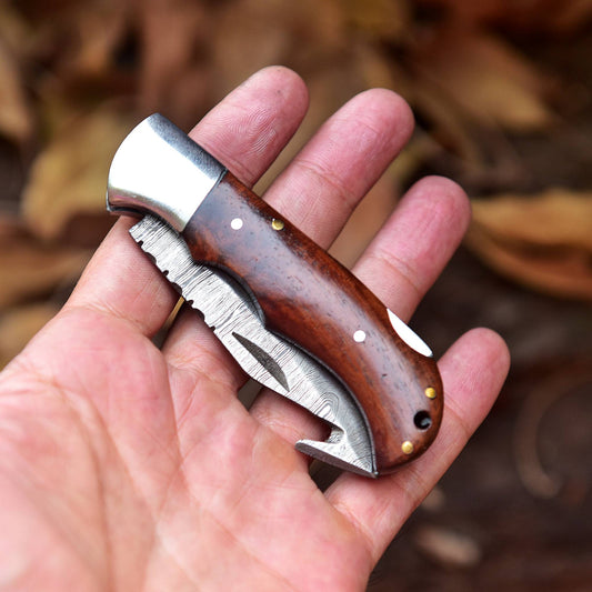 Handmade Damascus Pocket Folding Guthook Blade Knife - Rose-Wood Handle
