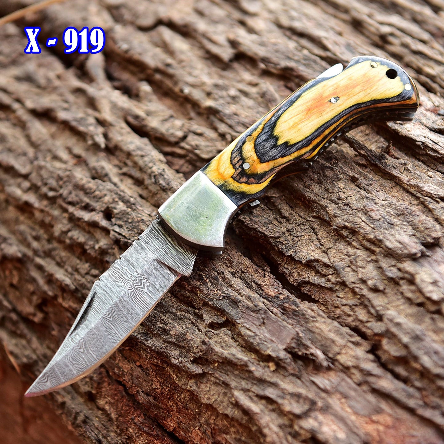 Handmade Damascus Pocket Folding Back Lock Blade Knife - Clip Holder - PakkaWood Handle