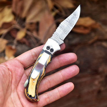 Handmade Damascus Pocket Folding Back Lock Blade Knife - Clip Holder - PakkaWood Handle