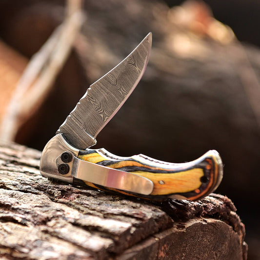 Handmade Damascus Pocket Folding Back Lock Blade Knife - Clip Holder - PakkaWood Handle