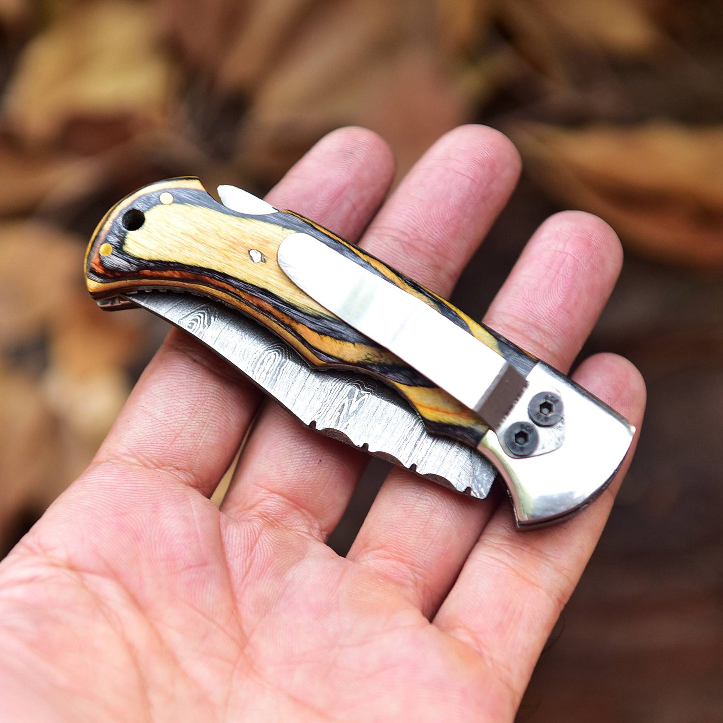 Handmade Damascus Pocket Folding Back Lock Blade Knife - Clip Holder - PakkaWood Handle