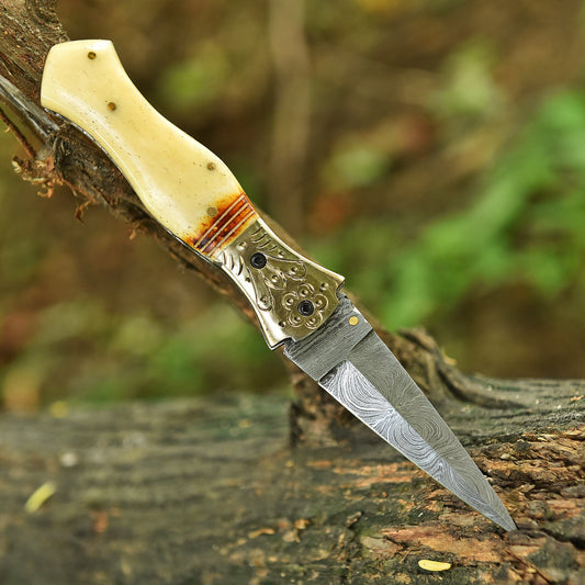 Handmade Damascus Double Edge Dagger Blade Pocket Knife Camel Bone Handle