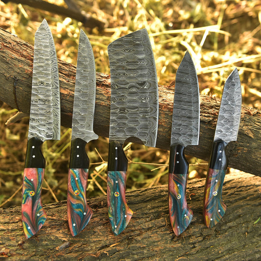 The Resin | Handmade Damascus Steel 5 Piece Chef Knife Set Kitchen Knives Set