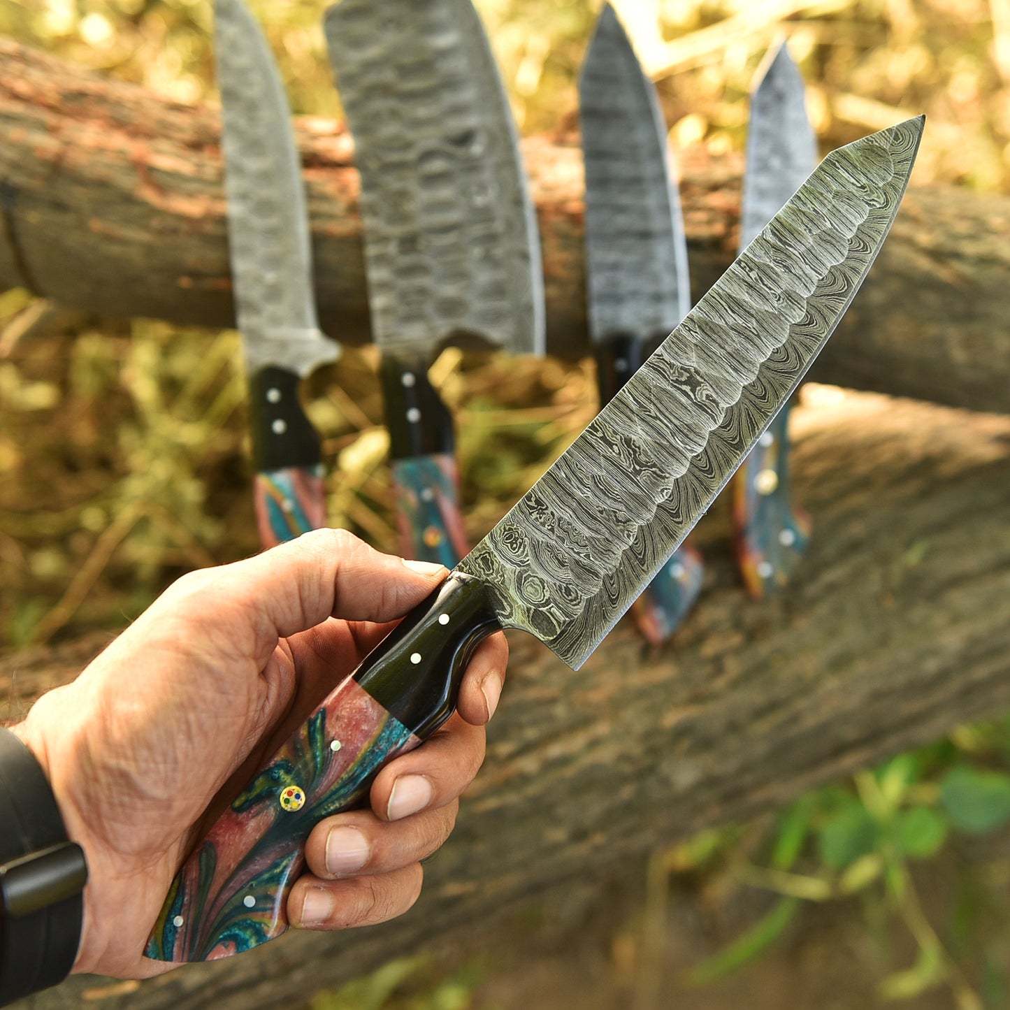 The Resin | Handmade Damascus Steel 5 Piece Chef Knife Set Kitchen Knives Set