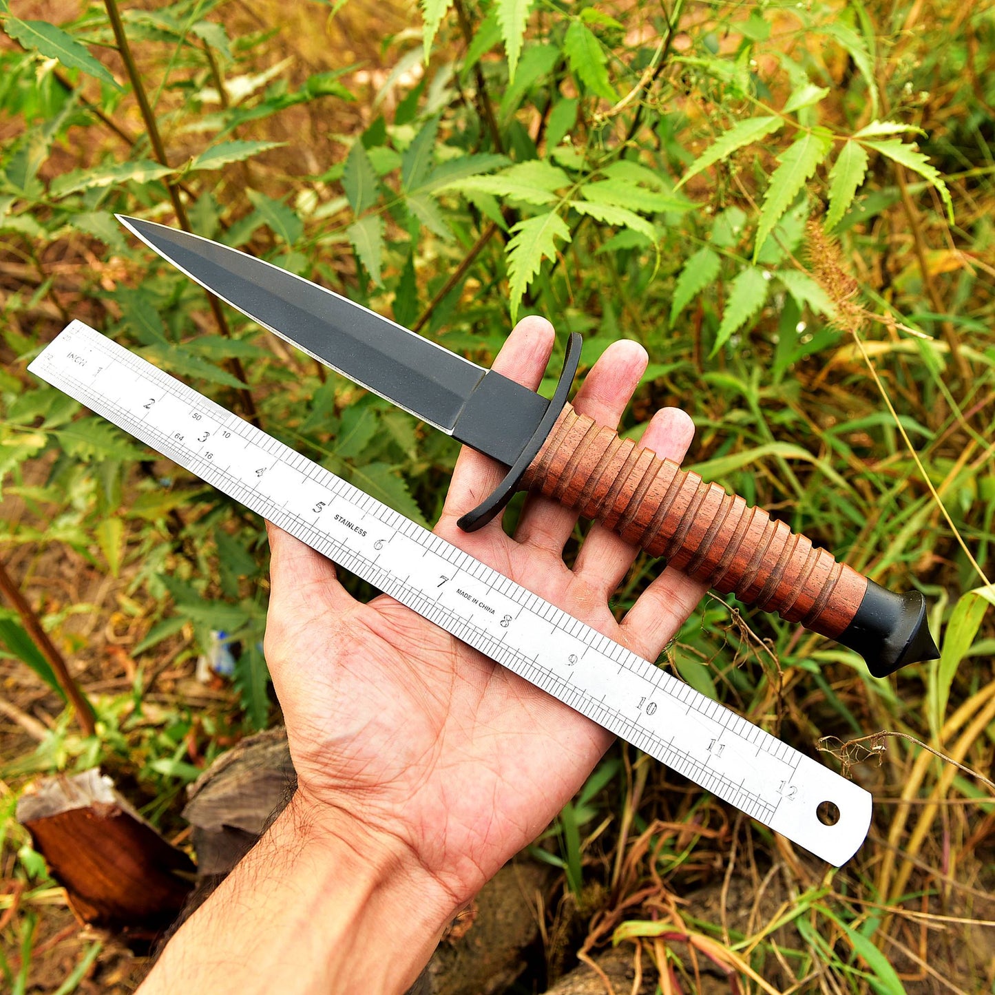 WWII Handmade Double-Edged V42 Military Stacked Leather Stiletto Dagger Knife x-650