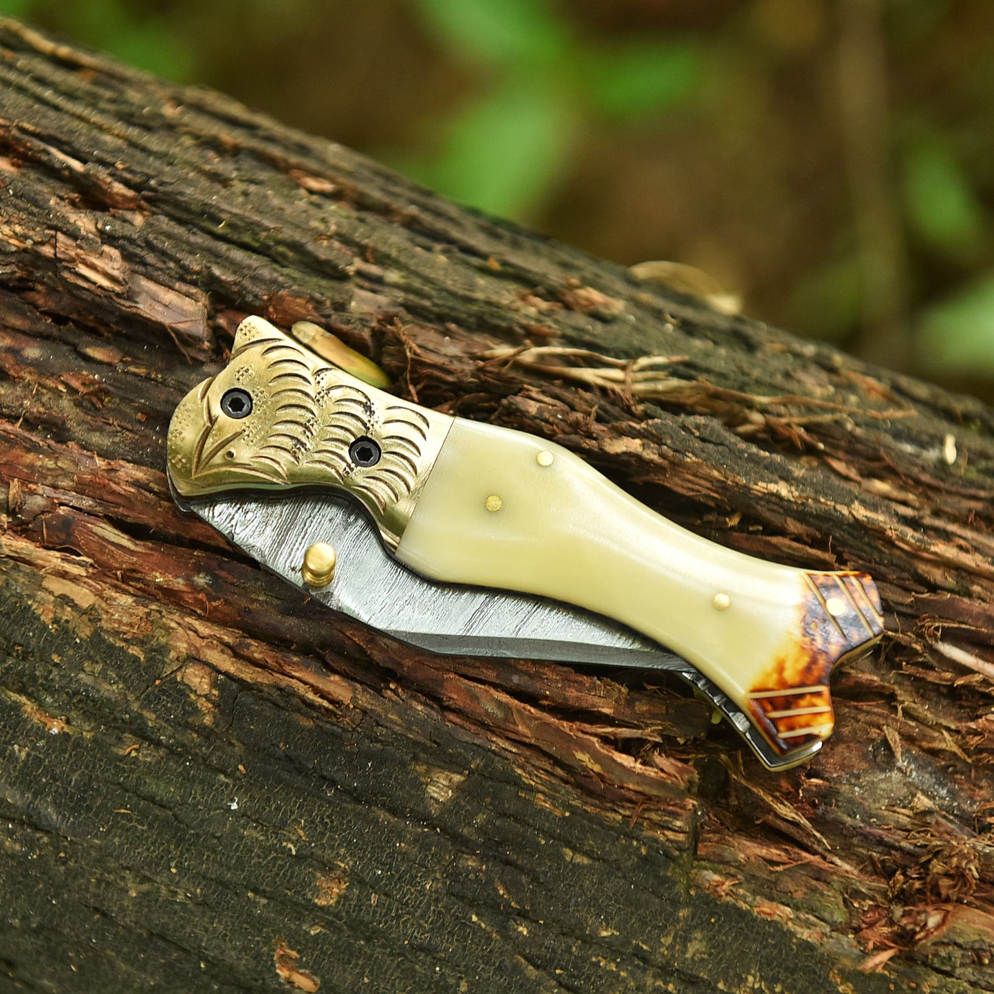 Handcrafted Damascus Steel Blade Folding Knife Camel Bone Handle EDC