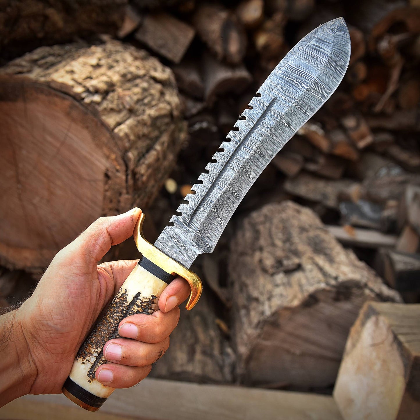 Handmade Damascus Steel Kukri Fix Blade Bowie Knife With Stag Antler Handle