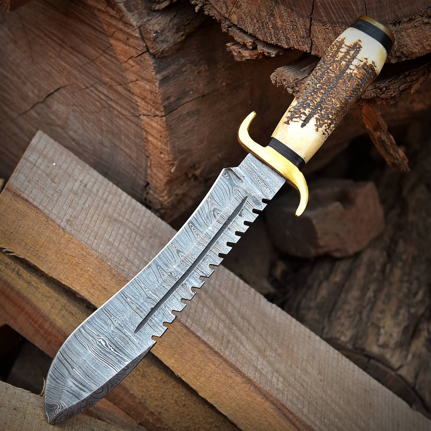 Handmade Damascus Steel Kukri Fix Blade Bowie Knife With Stag Antler Handle