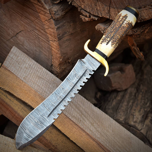Custom Handmade Damascus Steel Hunting Jungle Bowie Stage Brass Handle