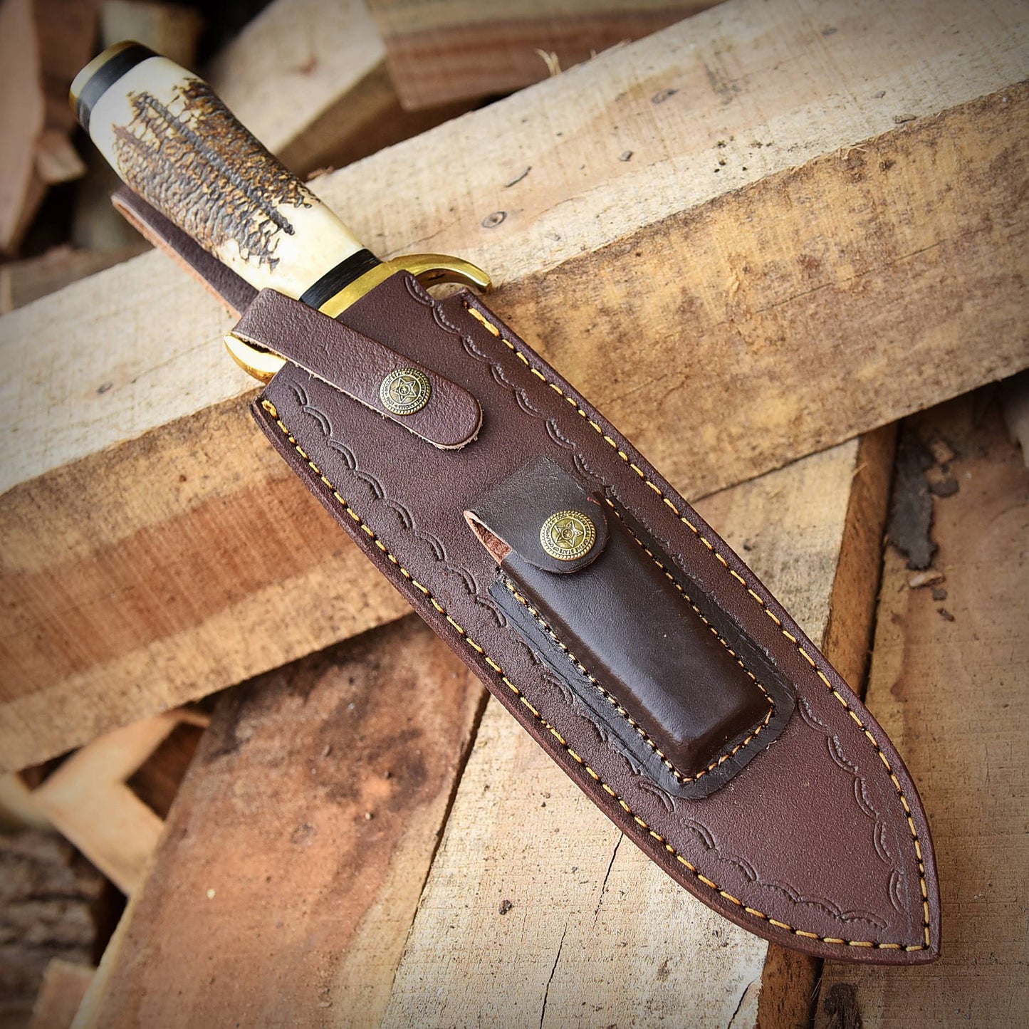 Handmade Damascus Steel Kukri Fix Blade Bowie Knife With Stag Antler Handle