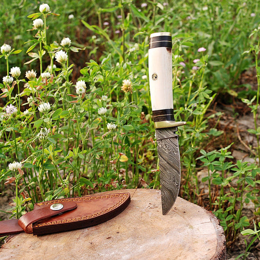 8" Handmade Fixed Damascus Balde Skinning Knife Bone Handle x-273