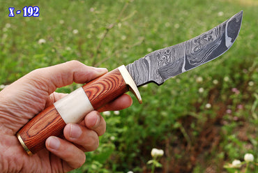 Handmade Damascus Fixed Blade Knife Wood & Bone Handle Brass Guard X-192