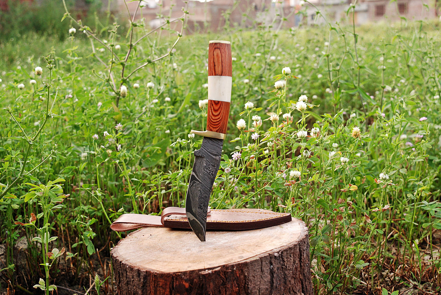 Handmade Damascus Fixed Blade Knife Wood & Bone Handle Brass Guard X-192