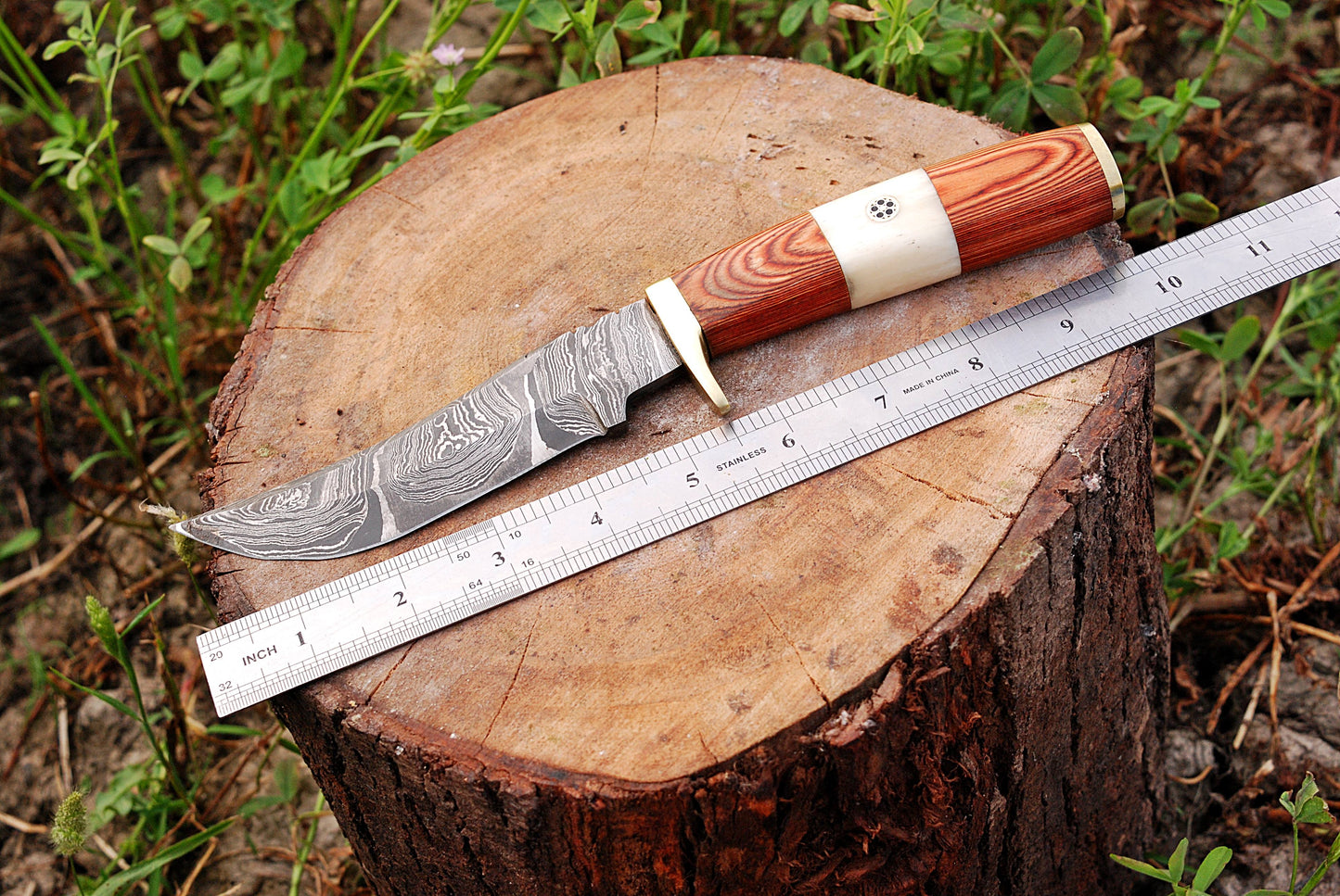 Handmade Damascus Fixed Blade Knife Wood & Bone Handle Brass Guard X-192