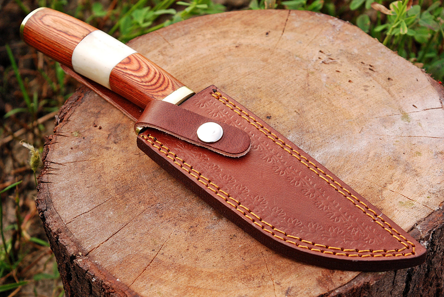 Handmade Damascus Fixed Blade Knife Wood & Bone Handle Brass Guard X-192