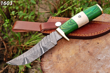 Handmade Damascus Bowie Knife Bone & Green Wood Handle