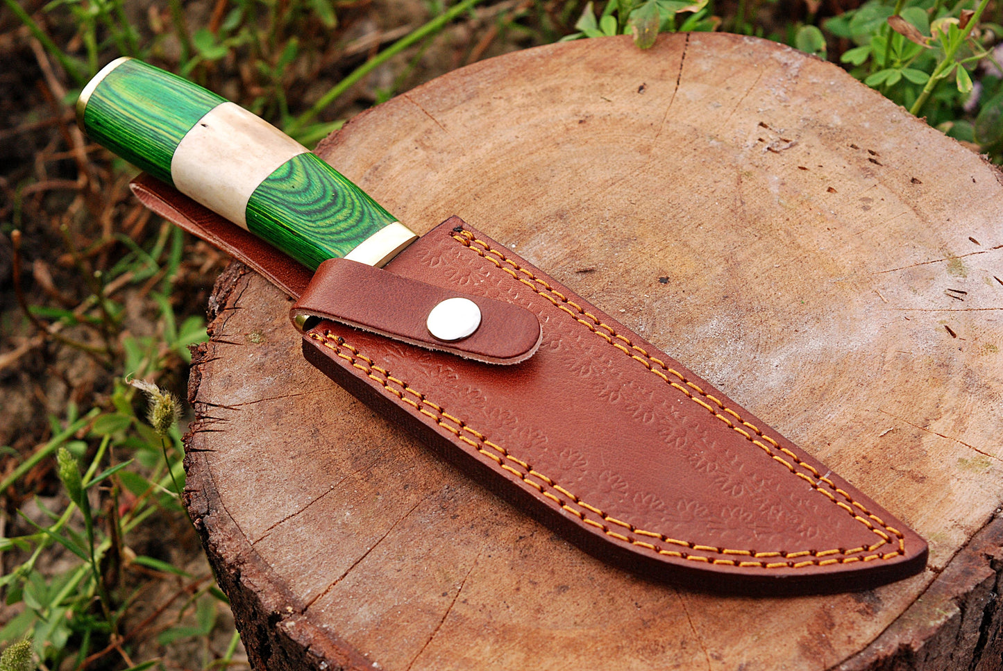 Handmade Damascus Bowie Knife Bone & Green Wood Handle