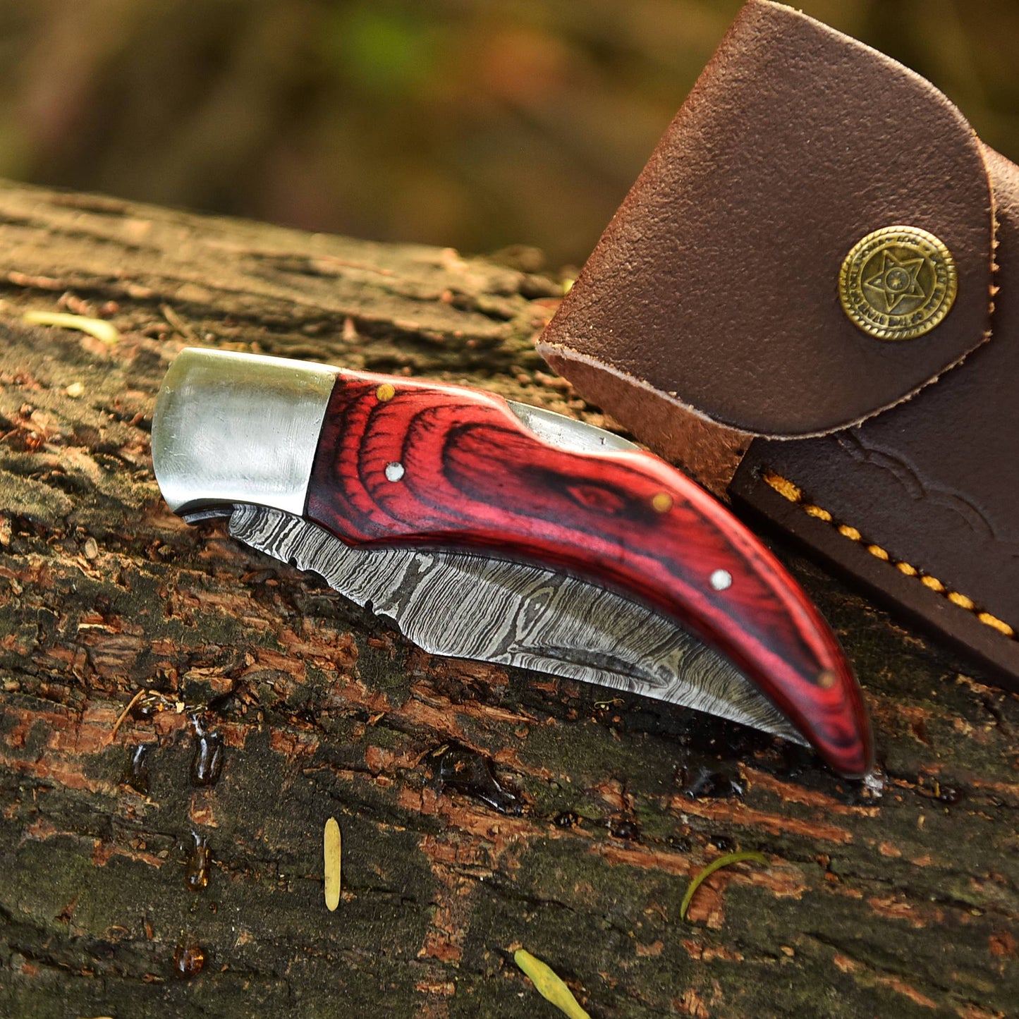 Custom Handmade Damascus Steel Back Lock Pocket Camping Knife With Sheath