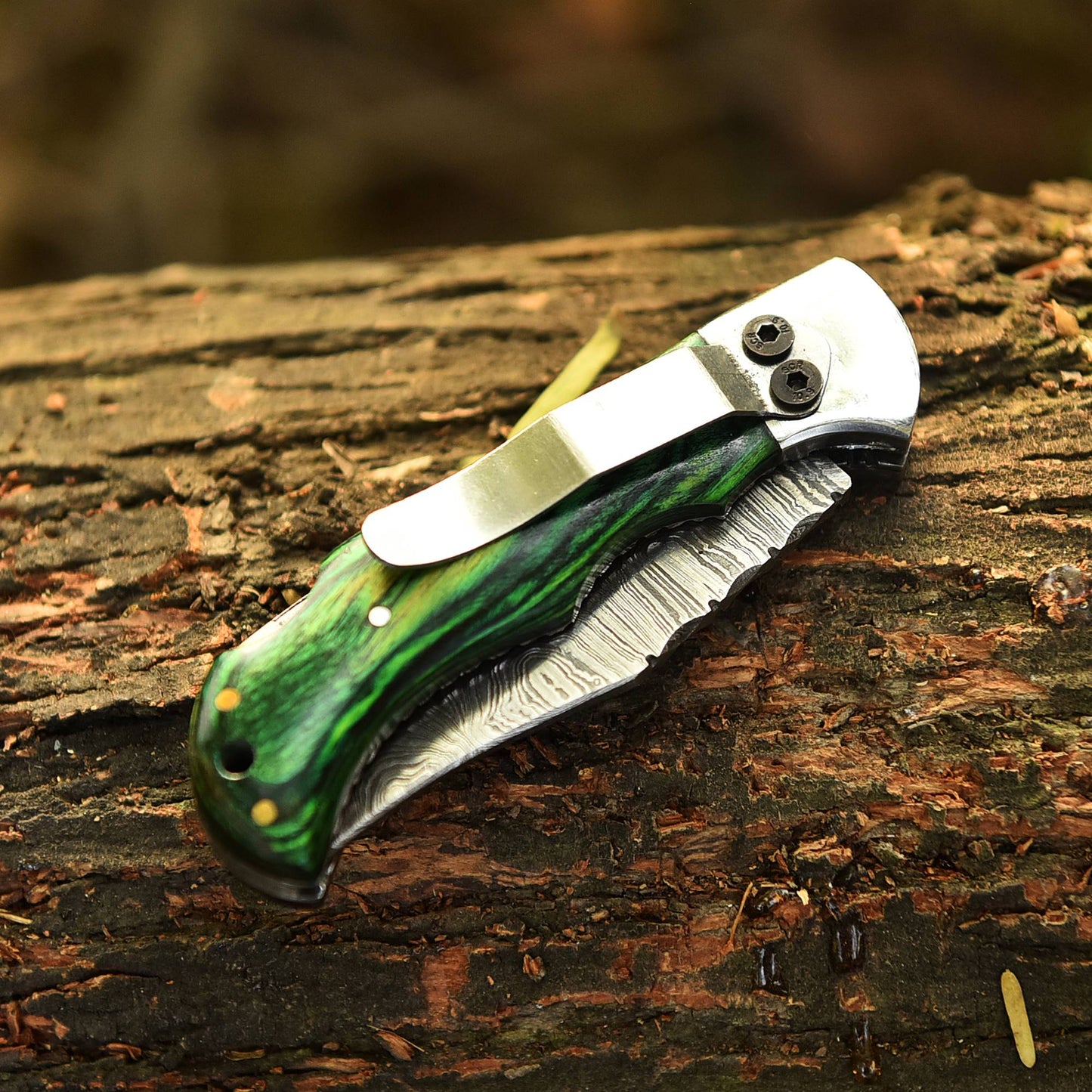 Handmade Damascus Steel Outdoor Hunting Folding Pocket Knife Wood Handle