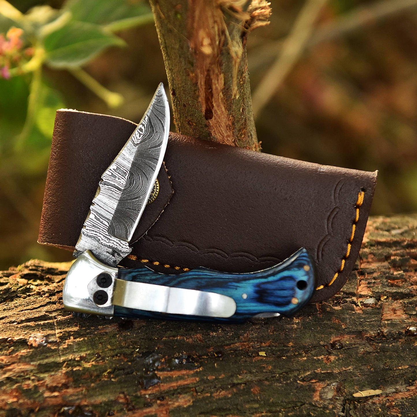 Handmade Damascus Steel Hunting Folding Blade Pocket Knife Wood Handle